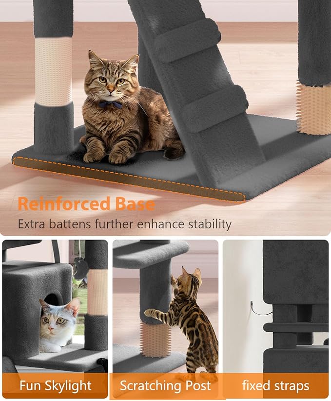 54" Cat Tree Tower for Indoor Cats Large Adult,Cute/Tall Modern Cat Tree for Big Cats 20 lbs, Plush Multi-Level Cat Condo with Scratching Posts,Hammock, Dangling Ball (Smoky Gray, 54 inch)-Mewly Pet