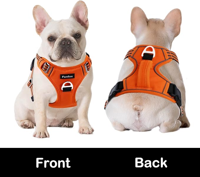 Funfox Dog Harness No Pull, Adjustable Pet Vest Harness, Super Soft Material with Vertical Handle Easy Control, Reflective Night Walking, 2 Leash Clips for Medium Sized Dogs, Orange, M-Mewly Pet