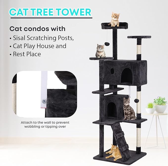 FDW Cat Tree 70in Cat Tower Multi-Level Durable Cat Scratching Post & Cozy Fun Cat Jumping Platform Space Saving Cat Condo Pet Play House for Indoor Cats,Dark Gray-Mewly Pet
