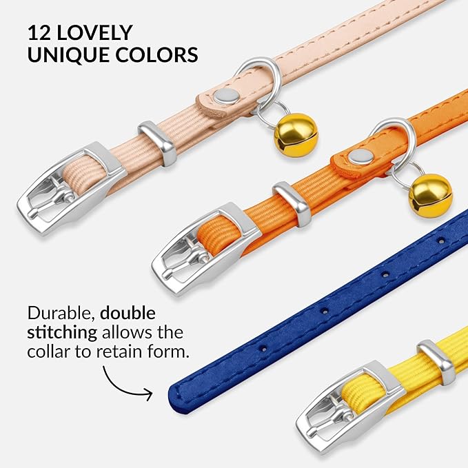 CollarDirect Leather Cat Collar, Kitten Collar with Removable Bell Black Blue Red Orange Lime Green (Neck Fit 8"-11", Navy Blue)-Mewly Pet