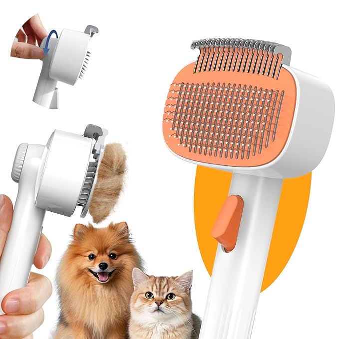 Self Cleaning Slicker Brush, 2-in-1 Cat Brush for Shedding, Skin Friendly Grooming Tool for Long & Medium-Long Hair Pets, Adjustable Bristle Length with Dematting Comb for Cats, Dogs (Orange)-Mewly Pet