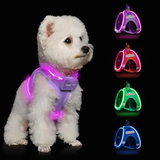 Light Up Dog Harness,Rechargeable LED Dog Harness for Small Medium Large Dogs,Reflective Lighted Safety Vest for Night Walking & Camping,Lightweight & Adjustable,Lavender Purple,S-Mewly Pet