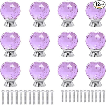 12 Pcs 30mm Round Shape Crystal Glass Cabinet Knobs with Screws Drawer Knob Pull Handle Used for Kitchen, Dresser, Door, Cupboard(Purple)