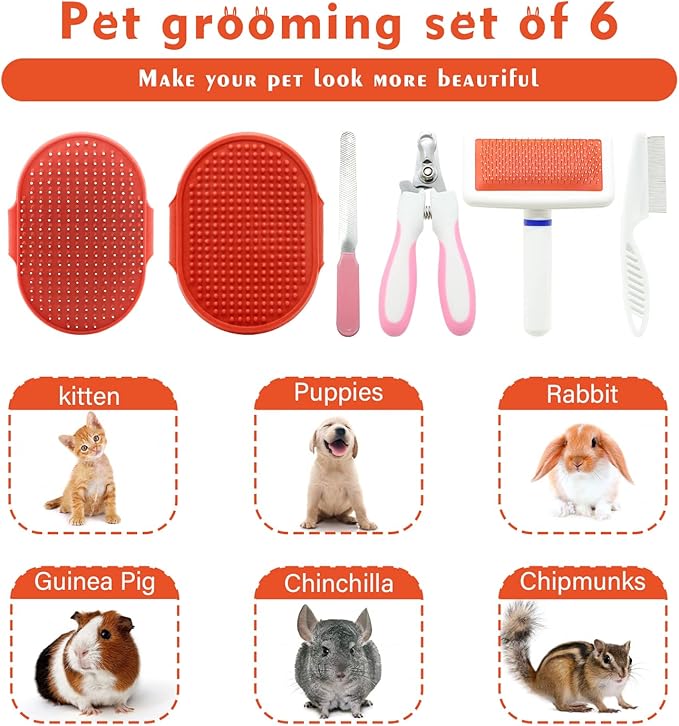 Cat Grooming Kit Set with Pet Shedding Slicker Brush Nail Clipper Trimmer Pet Massage Bath Glove Flea Comb for Bunny Puppy Kitten Guinea Pig Chinchilla Ferret Small Animals (Red, Pink)-Mewly Pet
