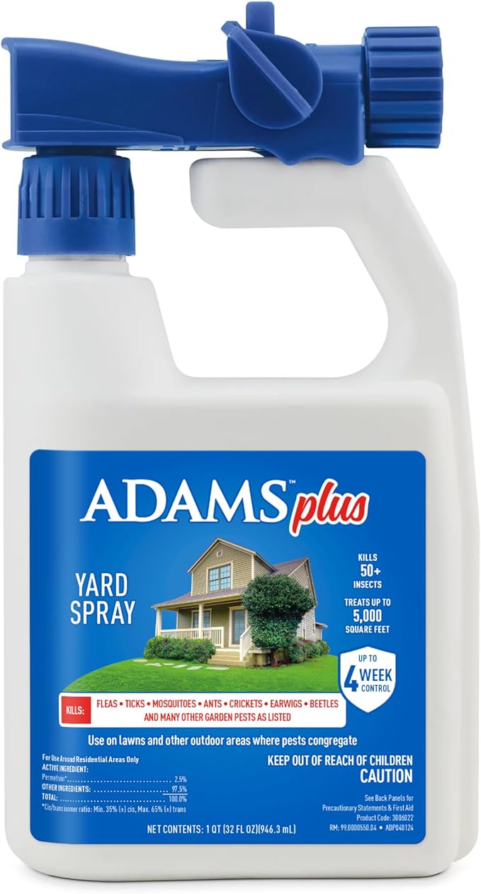 Adams Plus Yard Spray ; Kills Mosquitoes, Fleas, Ticks, Ants, And Many Other Listed Nuisance Pests in Outdoor Areas ; Treats Up to 5,000 Square Feet ; Easy To Use Hose-End Spray ; 32 Fl Oz-Mewly Pet