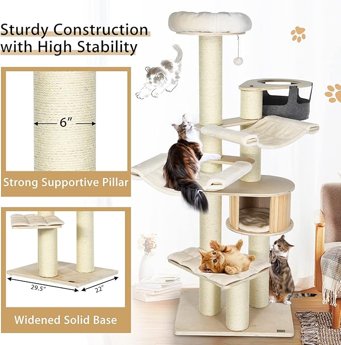 Tangkula Large Cat Tree, Multi-Level Tall Cat Tower with Sisal Scratching Posts, Hammocks, Hanging Basket, Cat Condo and Removable Washable Cushions, Modern Wood Cat Tree for Indoor Cats Large Adult-Mewly Pet