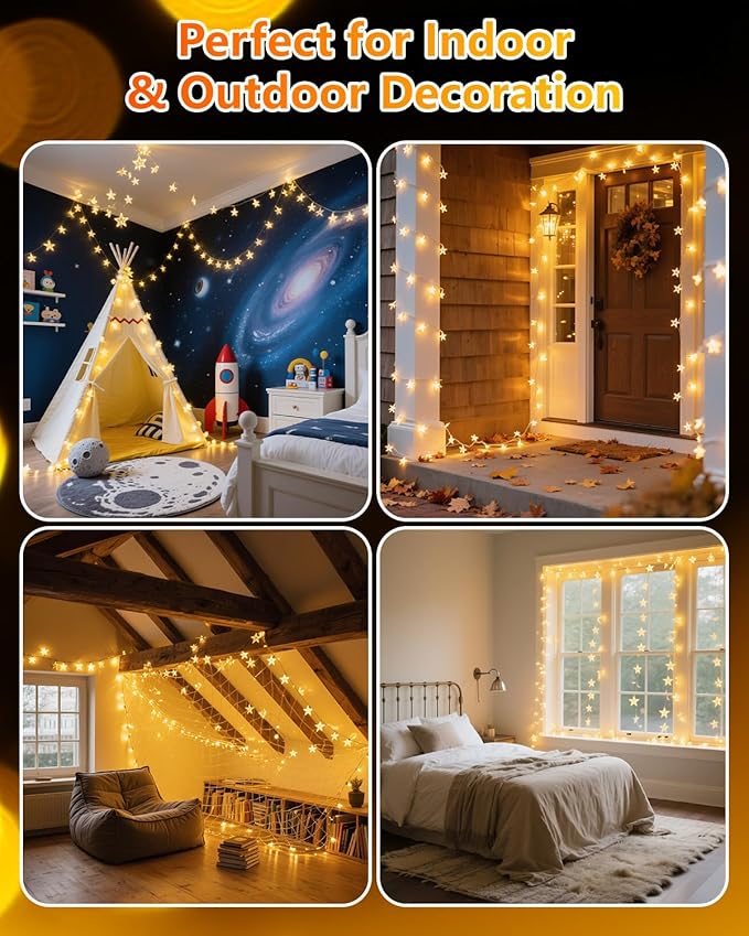 Twinkle Star 100 LED Star String Lights, 33FT Plug in Fairy String Lights Waterproof, Extendable for Indoor, Outdoor, Wedding Party, Christmas Tree, New Year, Ramadan, Garden Decoration, Warm White