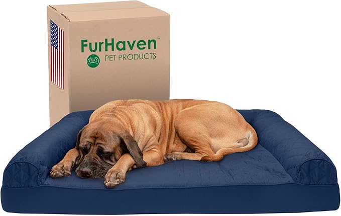 Furhaven Cooling Gel Dog Bed for Large Dogs w/ Removable Bolsters & Washable Cover, For Dogs Up to 125 lbs - Quilted Sofa - Navy (Blue), Jumbo Plus/XXL-Mewly Pet