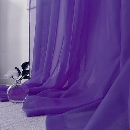 HUTO Short Purple Sheer Curtains 45 Inch Length for Girls Room Rod Pocket Sheer Window Drapes for Kitchen Bedroom Bathroom,Purple 2 Panels