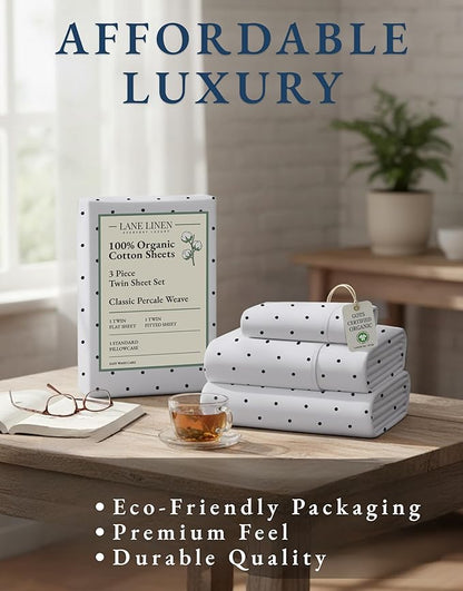 LANE LINEN 100% Organic Cotton Twin Sheets Set - 3 PC Bedding Sheets & Pillowcases - Breathable & Cooling Bed Sheets - Deep Pocket up to 15", Sheets for Twin Size Bed: Polka Dot (Black)