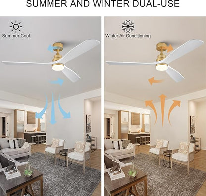 BOJUE 60 Inch Wood Ceiling Fans with Lights and Remote, White Gold Outdoor Ceiling Fan with Light, Dimmable 3 Blades Outdoor Fans for Patios Noiseless Modern Ceiling Fans for Bedroom Living Room