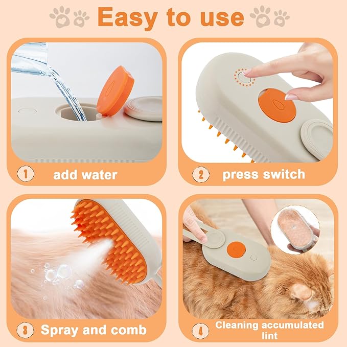 4-in-1 Cat Steam Brush Cat and Dog Anti-Static steam Brush with Spray for Massaging,cleaning,Shedding,Grooming,New Rechargeable Pet Grooming Brushes(cream khaki)-Mewly Pet