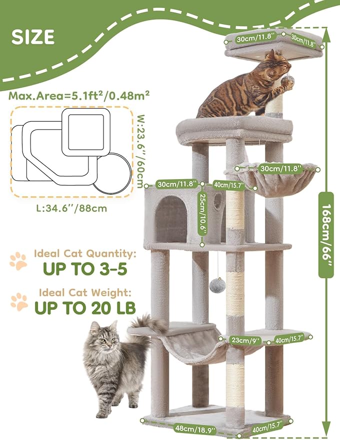 Taoqimiao MS042W Cat Tree,66-inch Large Cat Tower with Scratching Posts, Luxurious Large Platform for Big Cats with Soft Hammock, Adjustable Basket, Deluxe Cat Cando, Top Perch Light Gray-Mewly Pet