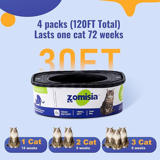 4 Pack Cat Litter Refill Bags, Non-See-Through Jumbo 120FT Cartridge Refill Total Up to Over 16 Months Per Cat for Odor Control, Compatible with Genie Standard, Plus, Style-Mewly Pet