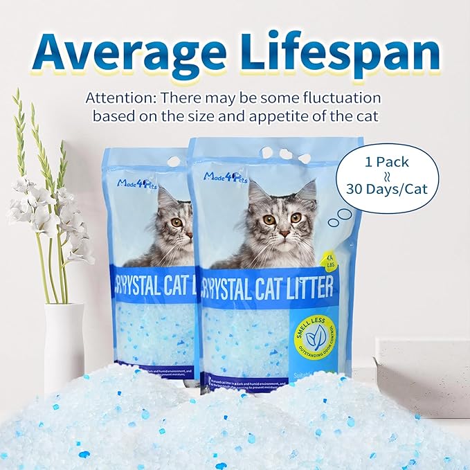 Made4Pets Cat Litter Crystals, Non Clumping Cat Litter Odor Control Kitty Litter Non Clumping No scooping Low Dust, Low Tracking, Lightweight, Dehydrates Waste,– 17.2 lbs (4 x 4.3 lb Packs)-Mewly Pet
