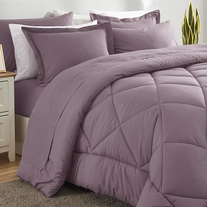 CozyLux King Size Comforter Set Dusty Purple - 7 Pieces Bed in a Bag King, Soft Bed Set for All Seasons, Bedding Set with Down Alternative Comforter, Sheets, Pillowcases & Shams, Grayish Purple