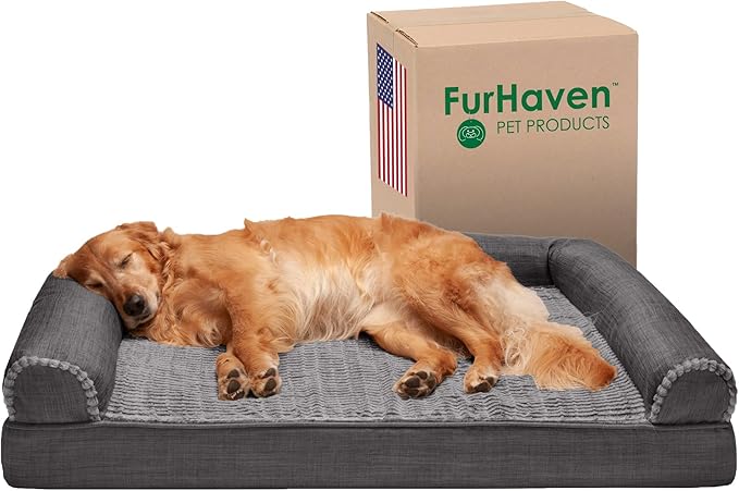 Furhaven Orthopedic Dog Bed for Large Dogs w/ Removable Bolsters & Washable Cover, For Dogs Up to 95 lbs - Luxe Faux Fur & Performance Linen Sofa - Charcoal, Jumbo/XL-Mewly Pet
