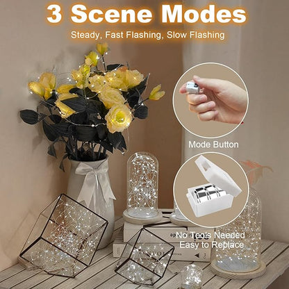 20 Pack Fairy Lights Battery Operated - 3 Speed Modes, 7Ft 20 LED String Twinkle Lights, Waterproof Copper Wire, Mini Firefly Light for Mason Jars Vases Christmas Decor, White