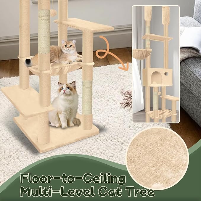 96.5"-108" Cat Tree Floor to Ceiling 7-Tier Cat Tower Adjustable Height with Scratching Posts, Cozy Hammock, Cat Condo for Indoor Cats(Beige)-Mewly Pet