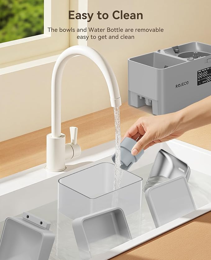 Rojeco 36Cups/8.5L Pet Automatic Cat Feeder and Gravity Water Dispenser,Stainless Steel Bowls 2-in-1 Set Large Capacity 5L Food Feeder and 3.5L Water Fountain for Cats,Pets,Small Dogs,Grey-Mewly Pet