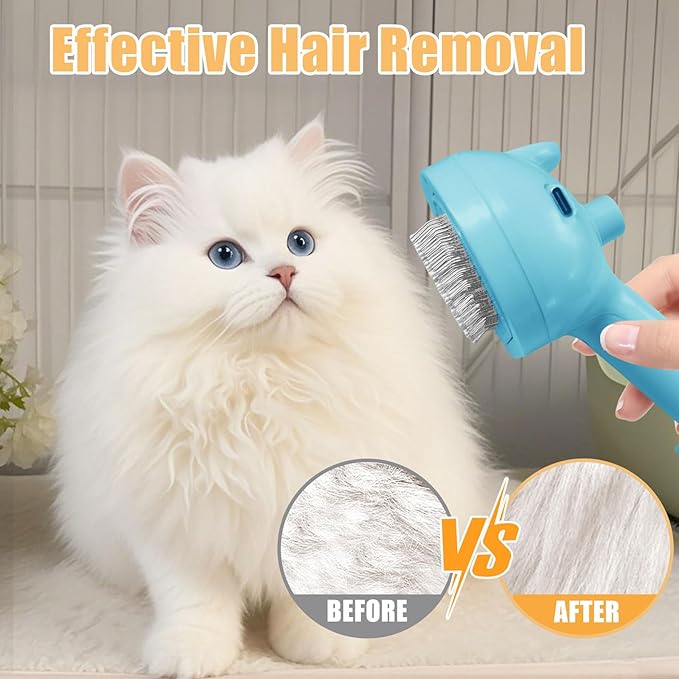 Cat Steam Brush for Shedding, Pet Steam Brush for Dog with Release Button,Anti-Static Pet Spray Hair Removal Comb,Cat Spray Comb for Long & Short Haired Pets,Blue-Mewly Pet