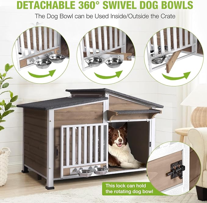 Dog House Outdoor with Bowls Weatherproof Dog Kennel with Anti-Chewing Iron Frame Dog Shelter for Small Medium Dogs(Light Brown)-Mewly Pet