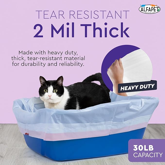 Alfapet Heavy Duty Flat Bottom Cat Litter Box Liners - Extra Giant 15 Count - Tear-Resistant Cat Litter Bags - Kitty Litter Liners for Rectangular Litterbox Pans, 36” x 18” x 2MIL Thick 30 lb Capacity-Mewly Pet