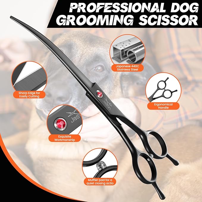JASON 7.5" Dog Grooming Scissor - Professional Down-curved Shear with Ergonomic Handle Japanese Stainless Steel Hair Scissor for Dogs, Cats and Other Pets, Sharp (Down-curved, Black)-Mewly Pet