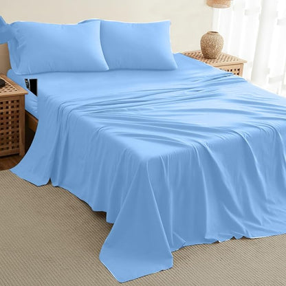 DREAMCARE California King Sheet Sets – 4 pcs Cooling Sheets – up to 21” Deep Cal King Sheets – Hotel Luxury Pillowcases – Superior Softness 100% Fine Microfiber with Side Pocket – Light Blue