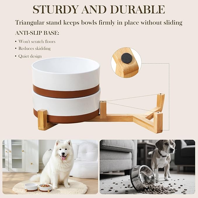 MALACASA Dog Bowls, Ceramic Dogs Bowls with Wood Stand Non-Slip, 6 Cups or 58 oz Capacity Dog Water Food Bowl Glaze Matte Weighted Non-Slip Pet Bowl for Large Dogs (L-6 Cups)-Mewly Pet