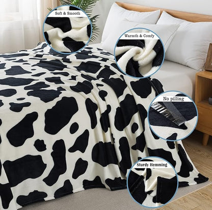 Flannel Fleece Cow Print Blanket King Size - Premium Anti-Static Super Soft Cozy Plush, Lightweight Microfiber Winter Warm Cow Print Throw Blanket for Couch Sofa Bed 90" x 108"(Black Cow King)