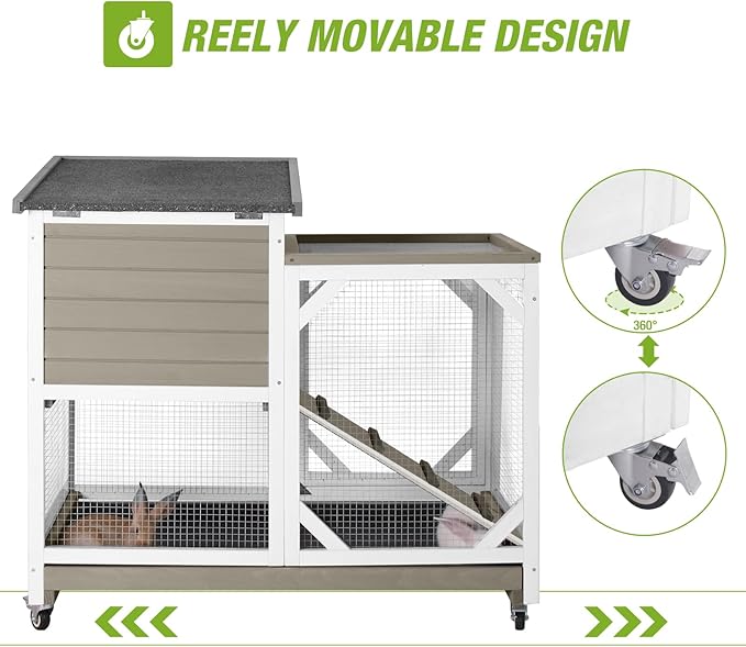 GUTINNEEN 2-Story Rabbit Hutch with Chew-Proof Ramp & Pull-Out Trays - Indoor/Outdoor 39.3" Wooden Rabbit Cage on Wheels for Rabbits, Guinea Pigs (Light Brown)-Mewly Pet