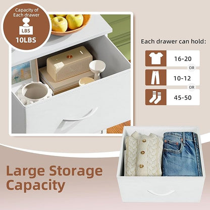 Somdot Dresser for Bedroom with 4 Drawers, Storage Organizer Chest of Drawers with Removable Fabric Bins for Closet Bedside Living Room Laundry Entryway Hallway, White Leather
