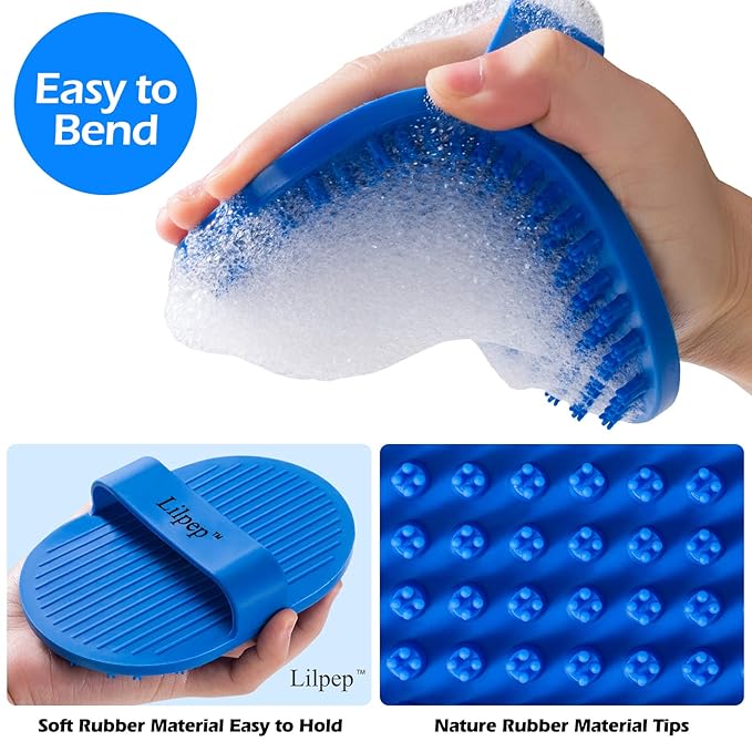 Lilpep Dog Bath Brush, Rubber Pet Shampoo Brush with Silicone Bristles for Massaging Grooming, Removing Short Haired Dogs Cats Shedding, Tangles and Dead Undercoat 2pcs (Blue+Red, plum brush)-Mewly Pet