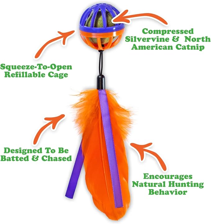 Meowijuana Whack 'n' Roll Compressed Catnip Ball with Cage | Purple Passion | Interactive Cat Toy with Feather | Potent Hand Harvested Catnip Grown in North America-Mewly Pet