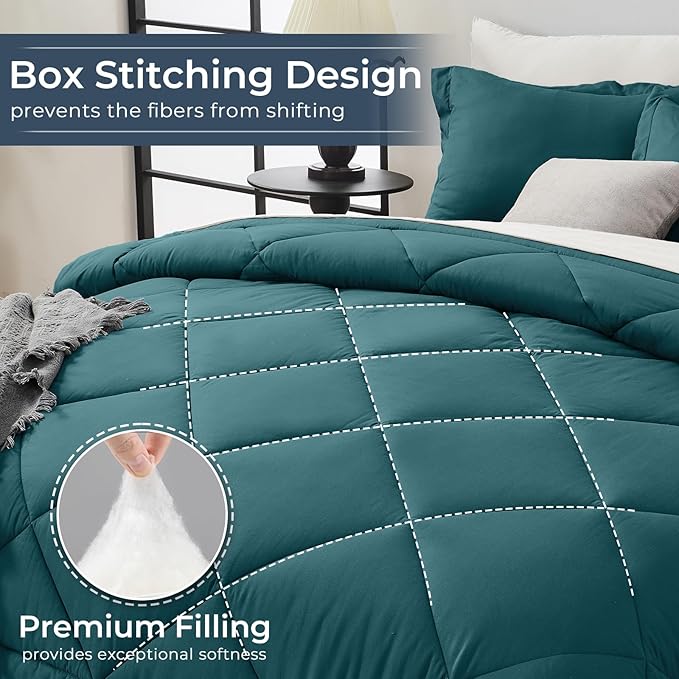 HEVUMYI King Comforter Set - 7-Piece All Season Bed in a Bag King, Ultra Soft Bedding Set with Comforter, Flat Sheet, Fitted Sheet, Pillowcases, Pillow Shams, Peacock Blue & Ivory