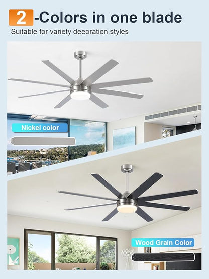 YUHAO 62 Inch Brushed Nickel Ceiling Fan with Light and Remote Control.Noiseless,Dimmable,3CCT,6 Speeds Reversible, DC Ceiling Fans for Indoor or Covered Outdoor