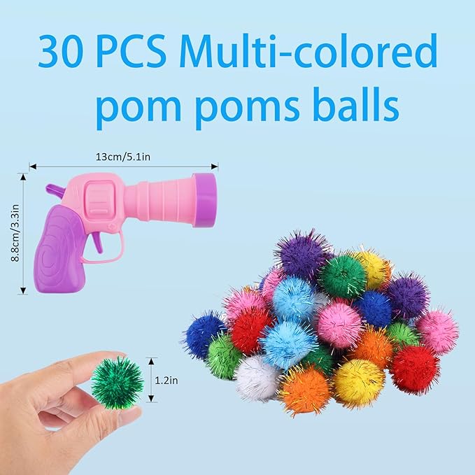 Dorhui Cat Toy Balls with Launchers Set, 30 Pcs Sparkle Pom Ball for Cat,Cat Enrichment Toys,cat Toys for Indoor Cats, Interactive Glitter Pom Ball for Kitty Gifts-Mewly Pet