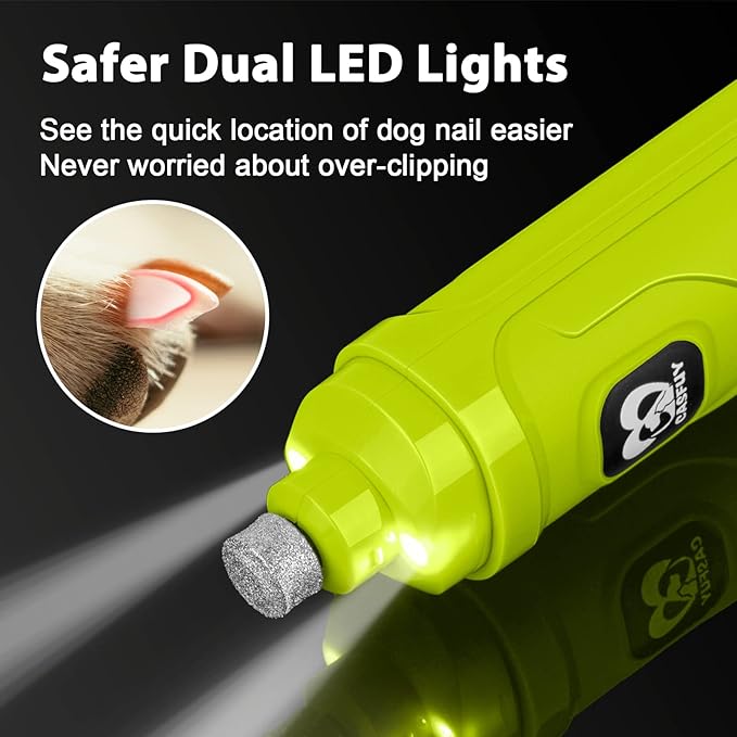 Casfuy Dog Nail Grinder with 2 LED Light - New Version 2-Speed Powerful Electric Pet Nail Trimmer Professional Quiet Painless Paws Grooming & Smoothing for Small Medium Large Dogs(Green)-Mewly Pet