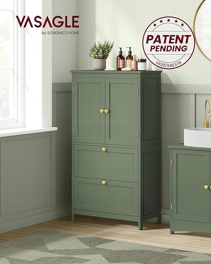 VASAGLE Floor Storage Cabinet, Freestanding Storage Unit with 2 Drawers and 2 Doors, Adjustable Shelf, 11.8 x 23.6 x 43.3 Inches, for Entryway, Bathroom, Forest Green UBBC551C01