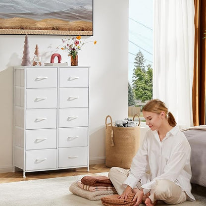 Sweetcrispy 10 Drawer Fabric Dresser Tall Chest Storage Organizer Tower with Cabinet Metal Frame and Wood Top Lightweight Nursery Closet Furniture for Bedroom,Cream White