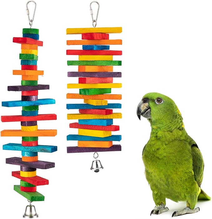MEWTOGO 2 Pcs Bird Toys - Parrot Toys with Multicolored Natural Wooden Blocks, Chewing Sticks for Conures, Parakeets, Cockatiels, Lovebirds, African Grey, Macaws, Amazon Parrots - Bird Gift-Mewly Pet