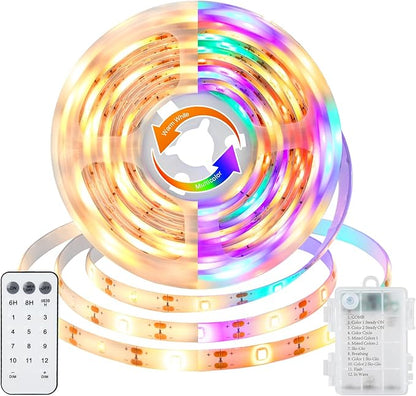 echosari LED Strip Lights Battery Operated, 10Ft 108 LED Dual Color Changing Strip Lights with Remote Cuttable Adhesive Lights Strip for Bedroom Party Decoration (Warm White & Multicolor)