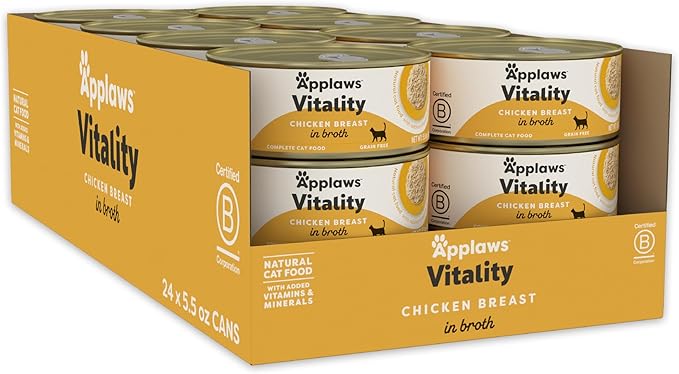 Applaws Vitality Wet Cat Food in Broth, Natural Canned Cat Food, Wet Food for Cats with Added Vitamins and Minerals, Grain Free, Carrageenan Free, Chicken Breast in Broth (24 Count, 5.5oz Cans)-Mewly Pet