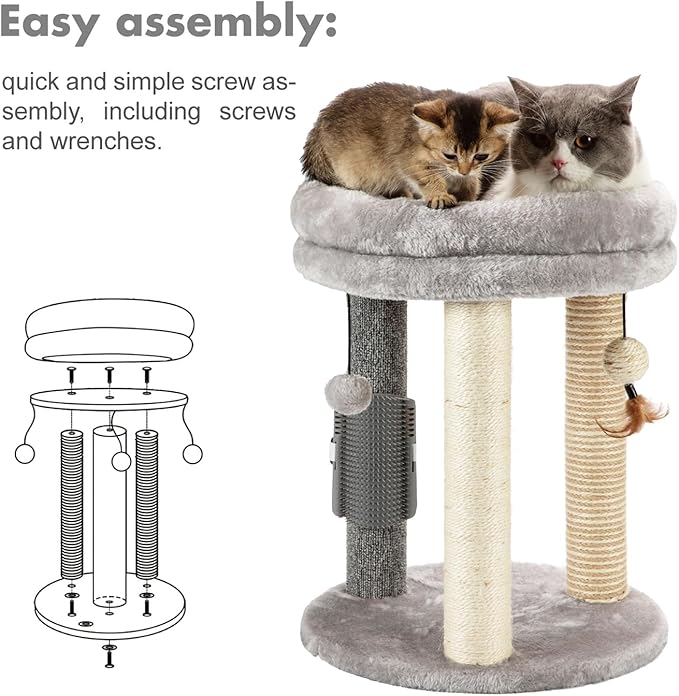 MECOOL 4in1 Small Cat Tree,Scratching Post with Tower Soft Bed, Sisal Carpet Jute Posts with Three Hanging Ball Toys and Massage Brush for Indoor Cats and Kittens-Mewly Pet