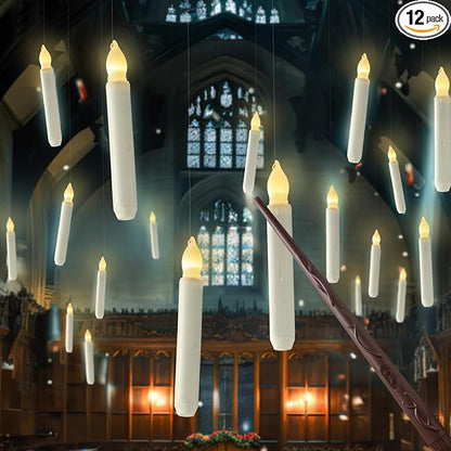 Homemory Hanging Floating Candles with Wand Remote and String, 12 Pcs Flying Flameless LED Taper Candles Warm White Light, Battery Operated Window Candles with Wand for Halloween Christmas Party
