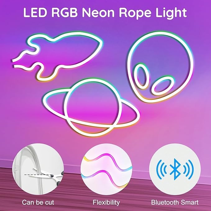 50FT Neon Rope Lights,Flexible Led Rope Lights Control with App/Remote,Multiple Modes Rope Lights,IP65 Outdoor RGB Led Neons Light Waterproof