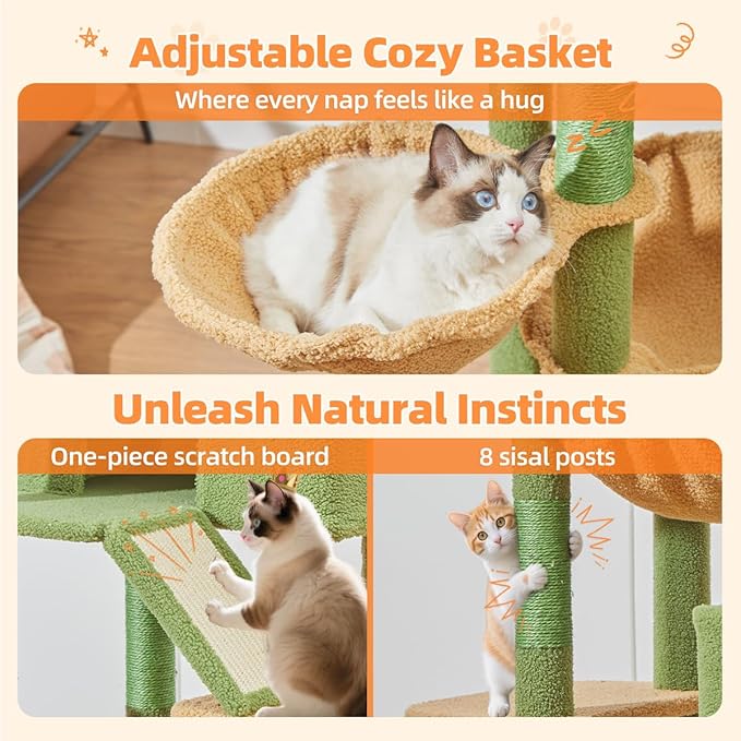 Taoqimiao Cactus Cat Tree, 71-Inch Cat Tower for Indoor Cats Large Adult, Multi-Level Large Cat Condo, 8 Sisal Scratching Posts, Metal Frame Cozy Hammock, Scratch Board, 2 Top Perches, MSC026L-Mewly Pet