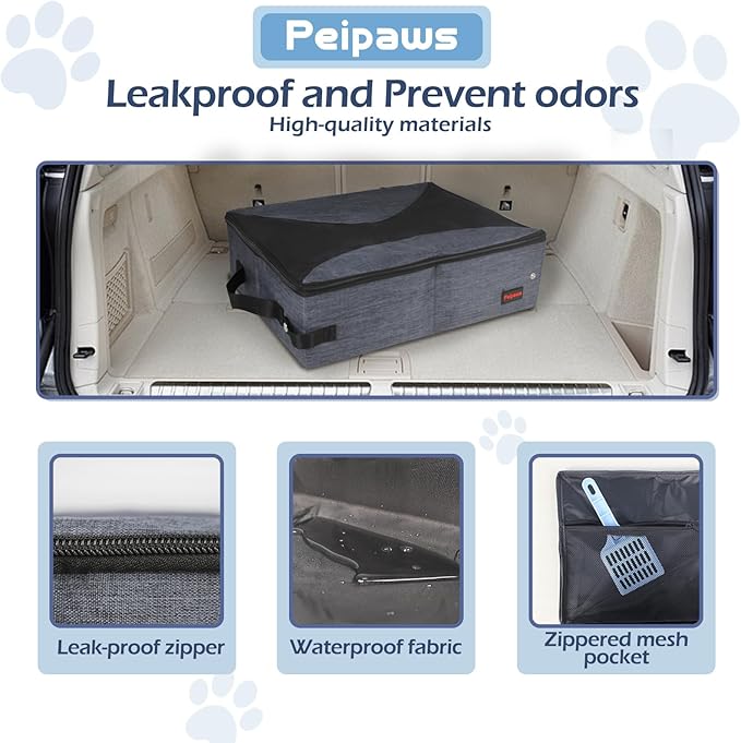 Portable Cat Travel Litter Box. Zipped Lid, Collapsible Litter Box for Cats. No Leakage, No Smell. Easy to Carry. Used for Hotels, Camping, Car (Gray,M)-Mewly Pet