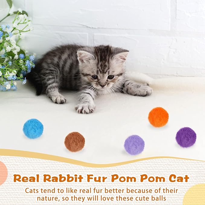 LEIFIDE 12 Pieces Real Rabbit Fur Pom Pom Kitty Cat Toy Fluffy Cat Balls Soft Fuzzy Balls for Kitty Pets Kitten Chase Quiet Play, 3 Inches in Diameter(Bright Color)-Mewly Pet